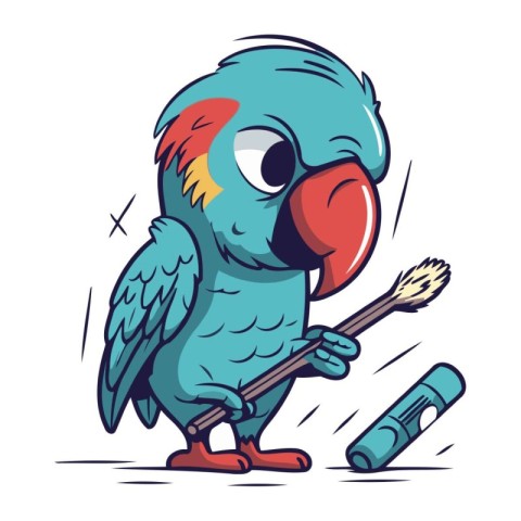 Cute parrot with a brush. Vector illustration in cartoon style.