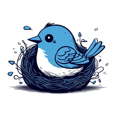 Vector hand drawn illustration of a cute blue bird in the nest.