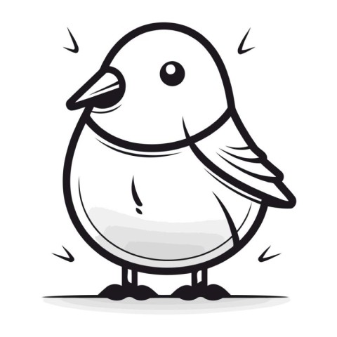 Black and white illustration of a cute little bird on a white ba