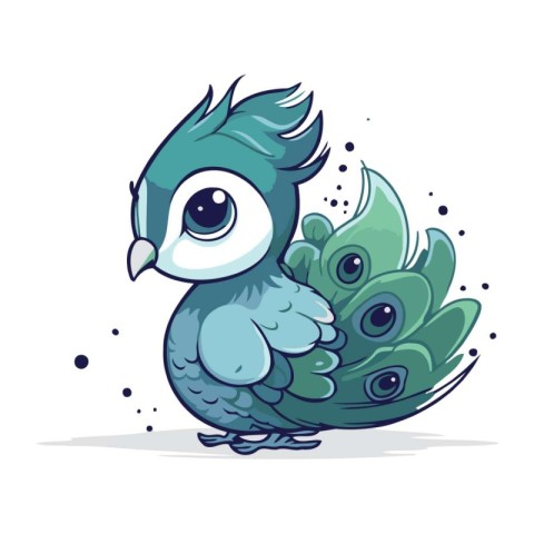 Cartoon cute blue bird with green feathers. Vector illustration