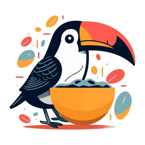 Cute cartoon toucan with bowl of cereal. Vector illustration.