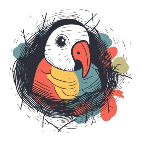 Cute parrot in the nest. Hand drawn vector illustration.