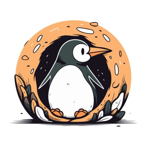 Cute penguin in a nest. Vector illustration of a cartoon penguin