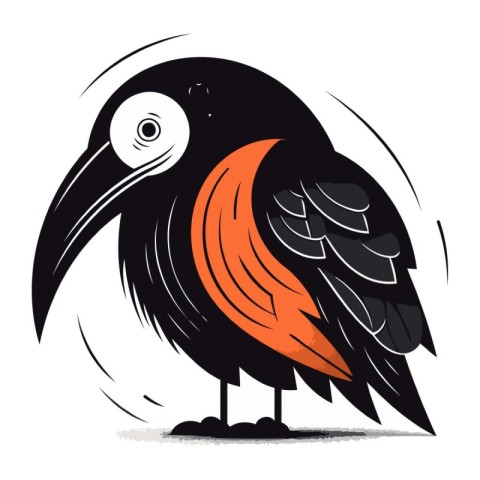 Illustration of a black crow with an orange beak on a white back