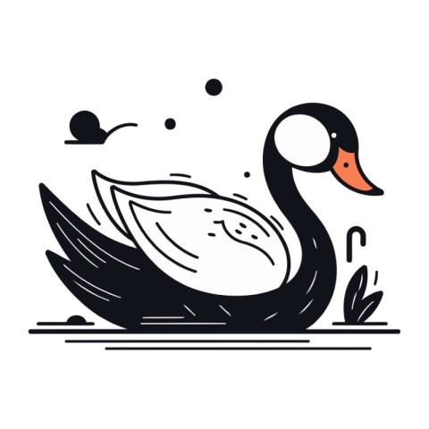 Swimming swan. Black and white vector illustration in doodle sty