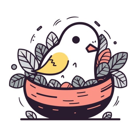 Cute bird in a bowl with leaves. Vector illustration in doodle s