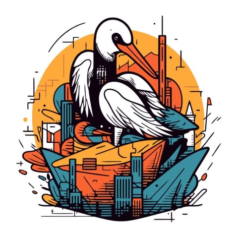 Pelican on the island. Hand drawn vector illustration in doodle