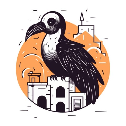 Vector illustration of toucan on the background of the old city.