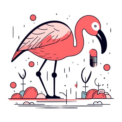 Flamingo in the rain. Vector illustration in flat style.