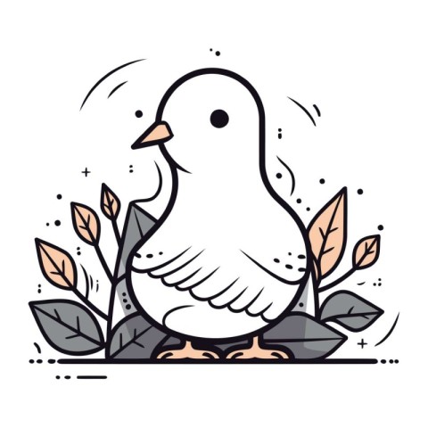 Vector illustration of a cute white dove with leaves on a white