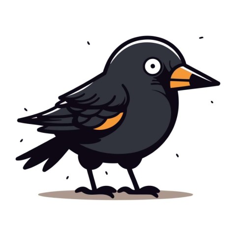 Cute cartoon black crow isolated on white background. Vector ill