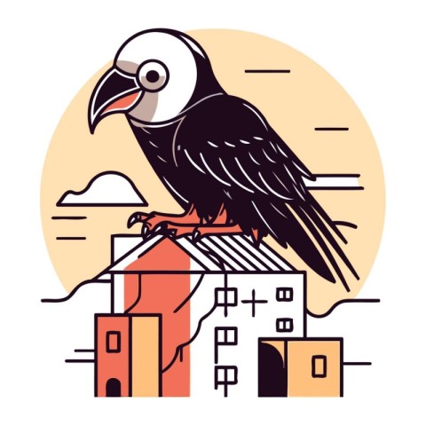 Toucan bird on the roof. Vector illustration in flat style