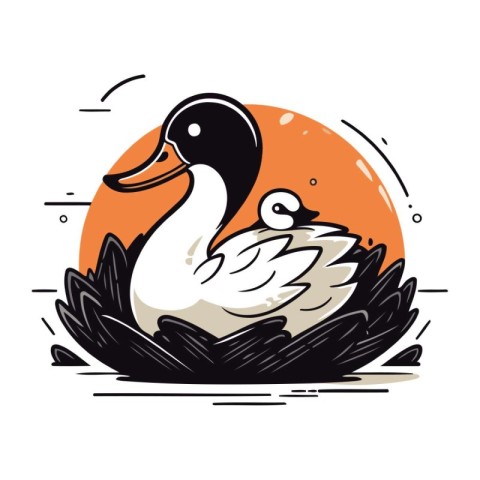 Vector illustration of a white swan in a nest on an orange backg