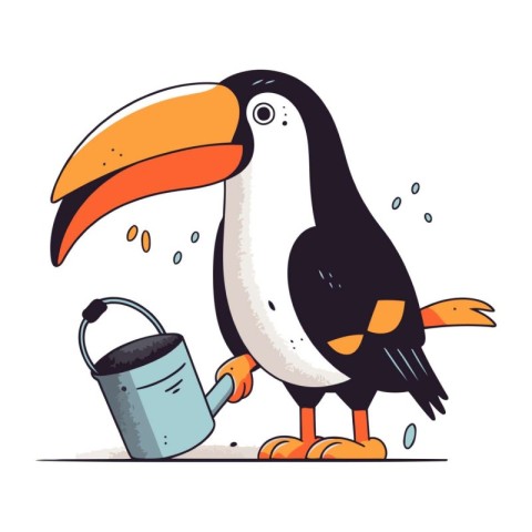 Cartoon toucan with a watering can. Vector illustration on white