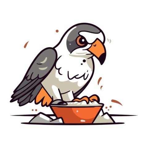 Eagle eating from a bowl. Vector illustration of a bird.