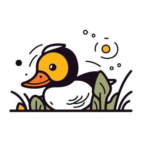 Cute cartoon duck in the grass. Vector illustration isolated on