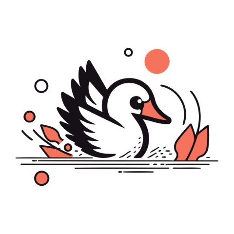 Vector illustration of a white swan swimming in the lake. Linear