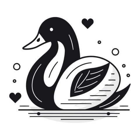 Black and white vector illustration of a duck on a white backgro