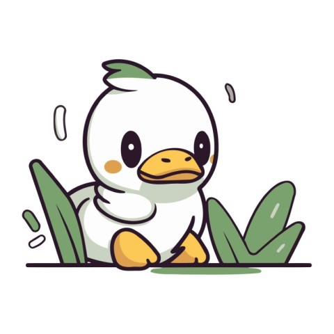 Cute penguin sitting on grass. Vector illustration in cartoon st