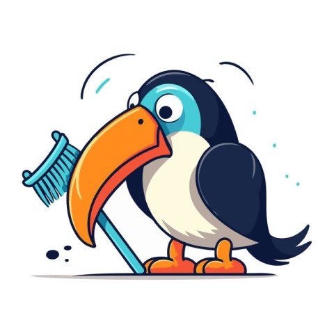 Cute cartoon toucan with a cleaning brush. Vector illustration.