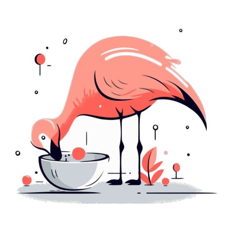 Flamingo in a bowl of water. Vector illustration in flat style.