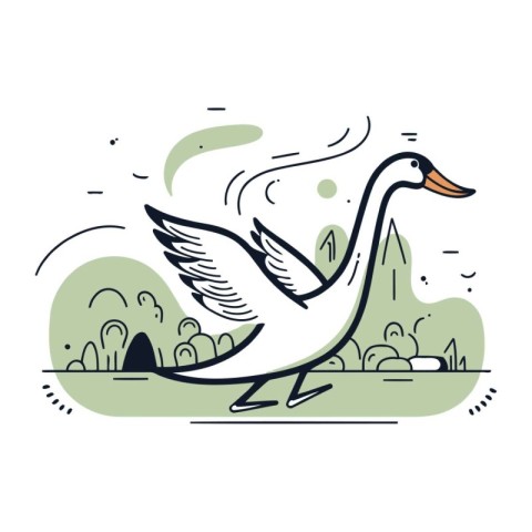 Vector illustration of a swan on a background of green grass.