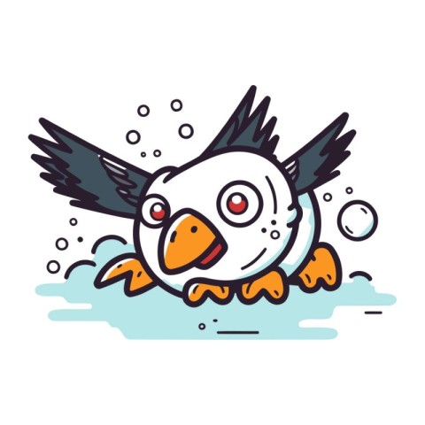 Cute penguin swimming in the water. Vector illustration in doodl