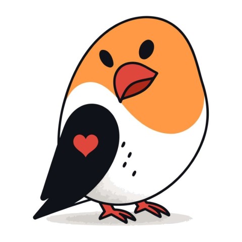 Cute cartoon bird with heart. Vector illustration isolated on wh