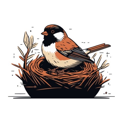 Bullfinch sitting in the nest. Hand drawn vector illustration.