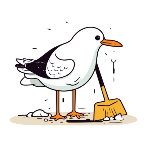 Cartoon seagull cleaning the floor with a broom. Vector illustra