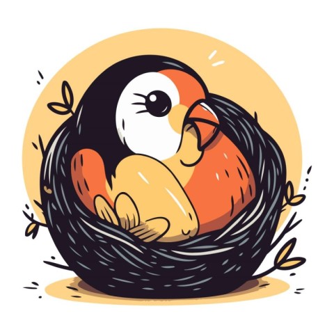 Vector illustration of a cute little chick in a nest with eggs.