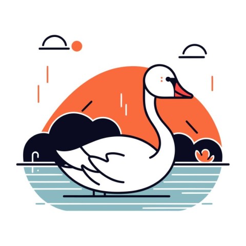 Swan on the lake. Vector illustration in flat linear style.