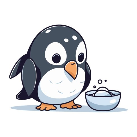 Cute penguin with a bowl of milk. Vector illustration.