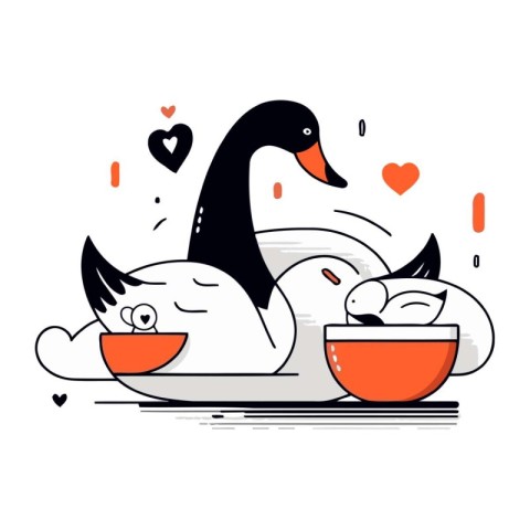 Vector illustration of a pair of swans in love and a cup of coff