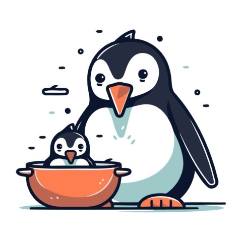 Penguin and chick in a bowl. Cute cartoon vector illustration.