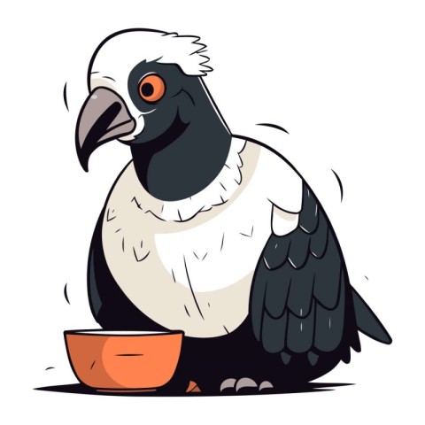 Cute vulture eating food from a bowl. Vector illustration.