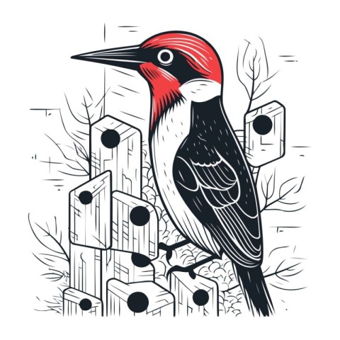 Hand drawn vector illustration of a woodpecker with nesting box.