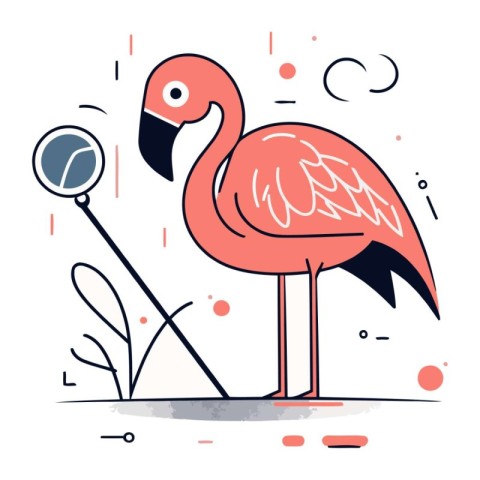 Flamingo with a magnifying glass. Vector flat illustration.