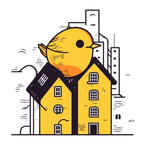 Vector illustration of a cute chick in front of a house on the s