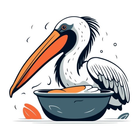 Pelican in a bowl. Vector illustration on white background.