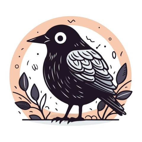 Cute black crow with green leaves. Vector illustration in cartoo