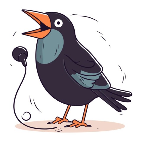 Cute black crow with microphone. Vector illustration in cartoon