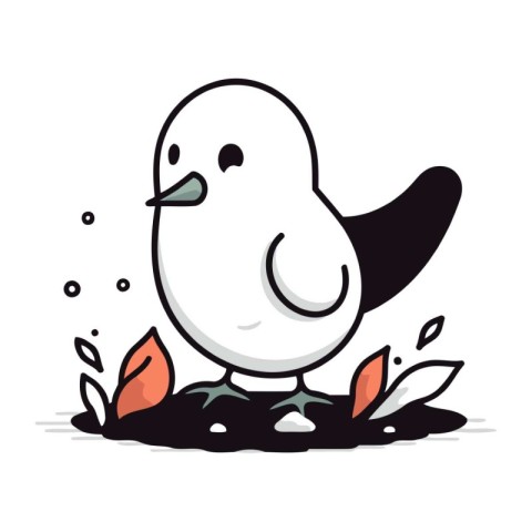 Illustration of cute little white bird on the ground. Vector ill