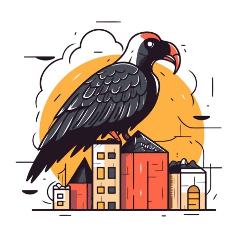 Vector illustration of a vulture on the background of the city.