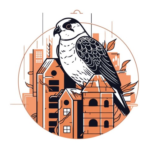 Vector illustration of a falcon on the background of the city.