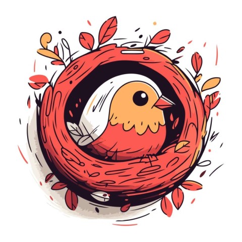 Vector illustration of a cute cartoon bird in a nest with leaves