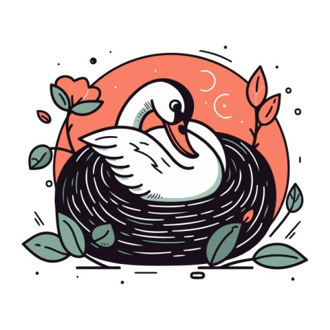 Swan in nest. Vector illustration in doodle style.