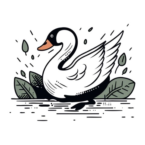 Hand drawn vector illustration of a duck on a background of leav