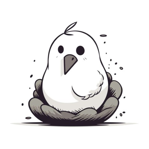 Hand drawn vector illustration of a white chicken sitting in a n