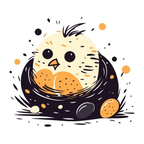 Cute chicken in a nest with eggs. Vector illustration in cartoon